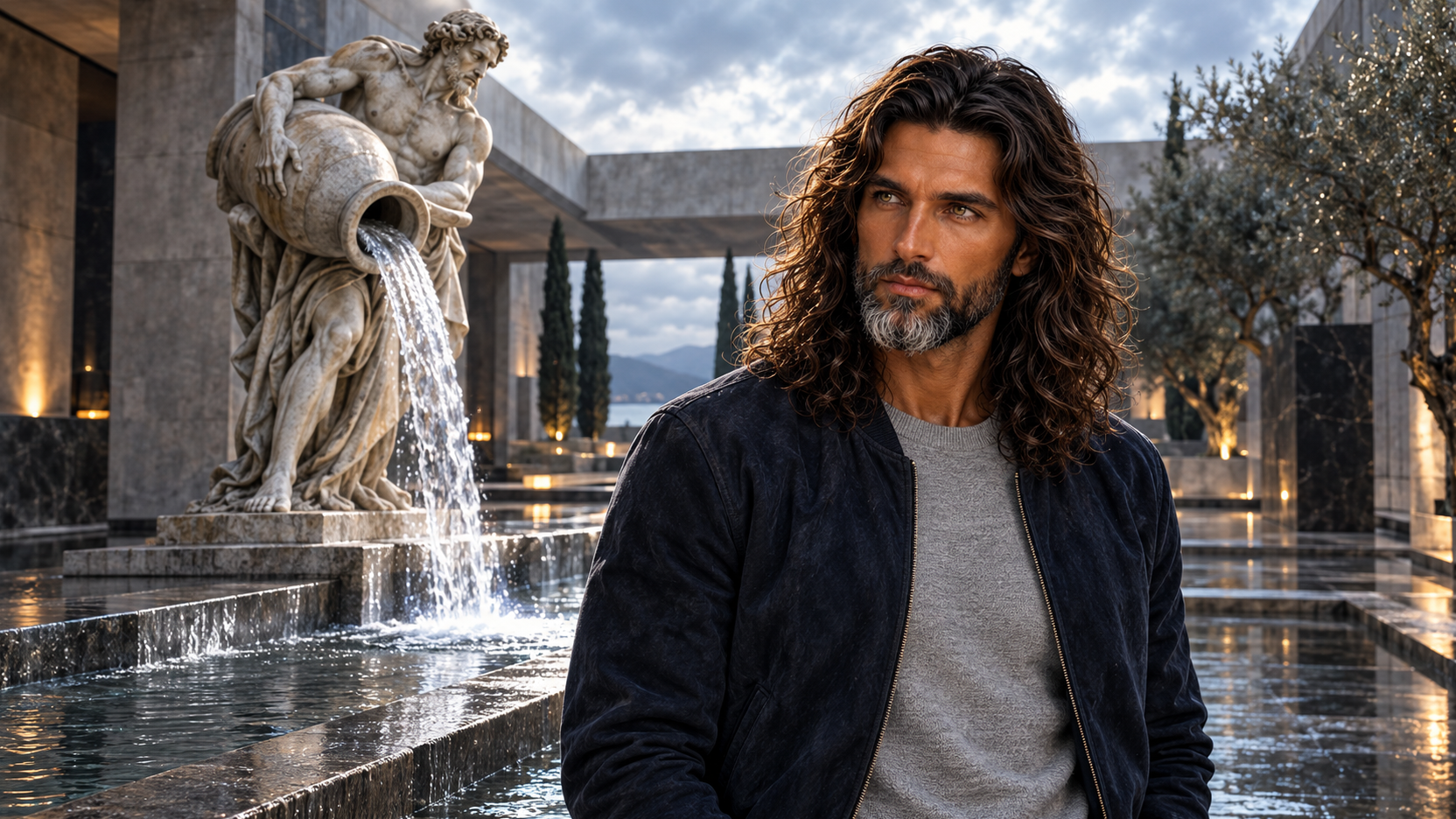 Jack in giacca blu scuro e maglia grigia accanto a una fontana monumentale: una figura in pietra versa acqua da un’anfora in vasche geometriche, tra architetture contemporanee.