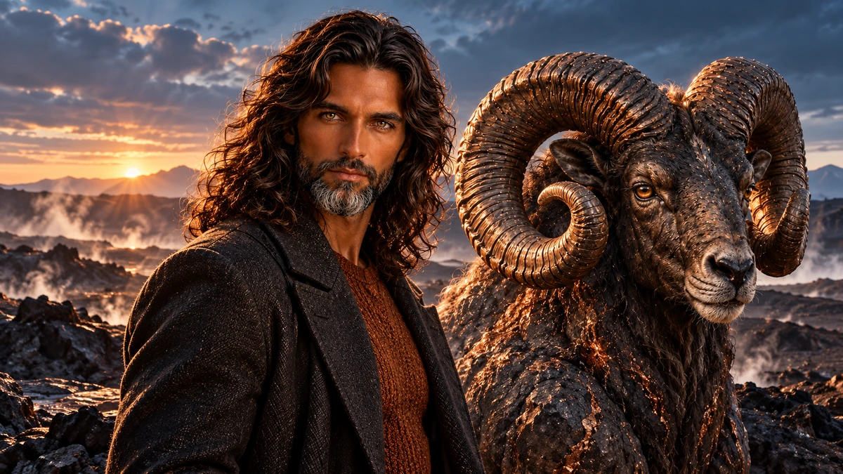 Jack con cappotto scuro e maglia color rame accanto a un ariete monumentale, fra rocce vulcaniche e vapori illuminati dall’alba.