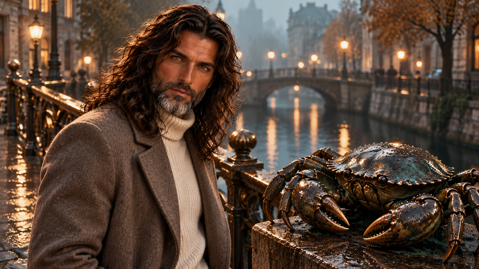 Jack in cappotto color talpa e maglione chiaro su un ponte lungo un canale; accanto a lui, una grande scultura di granchio in bronzo bagnato, con lampioni e riflessi sull’acqua nello sfondo.