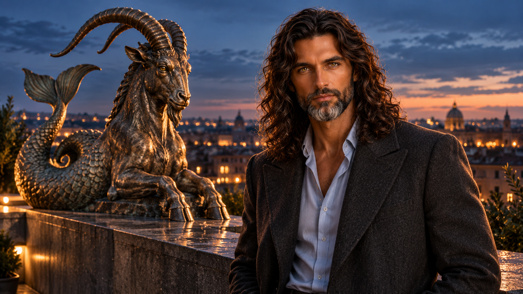 Jack in cappotto antracite e camicia azzurra su una terrazza al crepuscolo; accanto a lui, una grande scultura del Capricorno con corpo di capra e coda di pesce, sullo sfondo di una città illuminata.