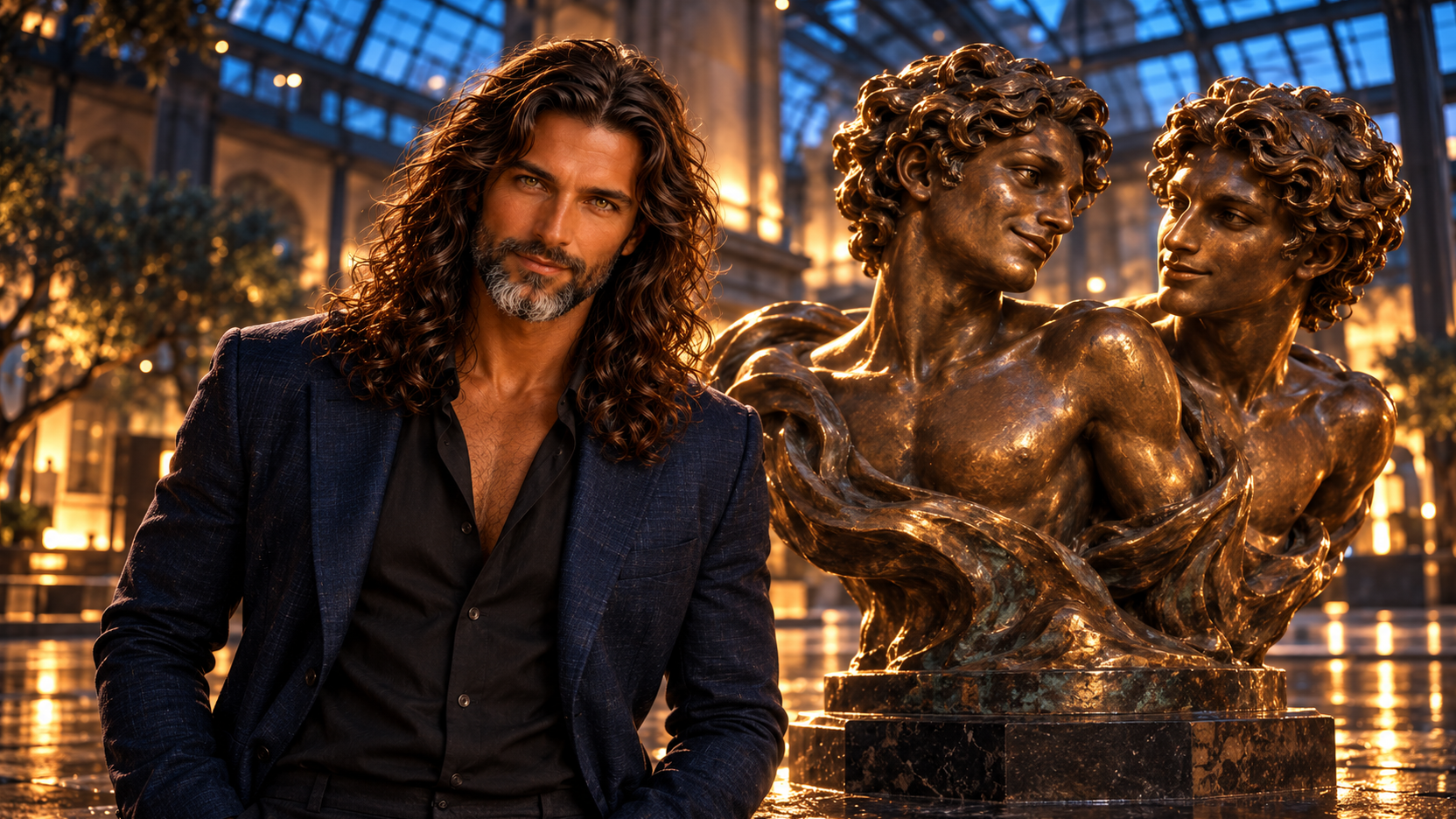 Jack in giacca blu e camicia scura accanto a una grande scultura in bronzo con due figure gemelle rivolte l’una verso l’altra, in un atrio vetrato illuminato da luci calde e blu.