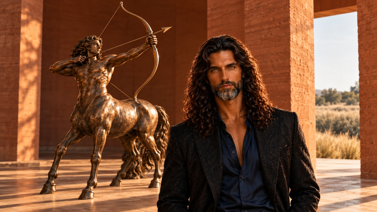 Jack con camicia blu e giacca nera davanti a un centauro arciere monumentale di bronzo, in un portico di terra rossa illuminato dal sole.