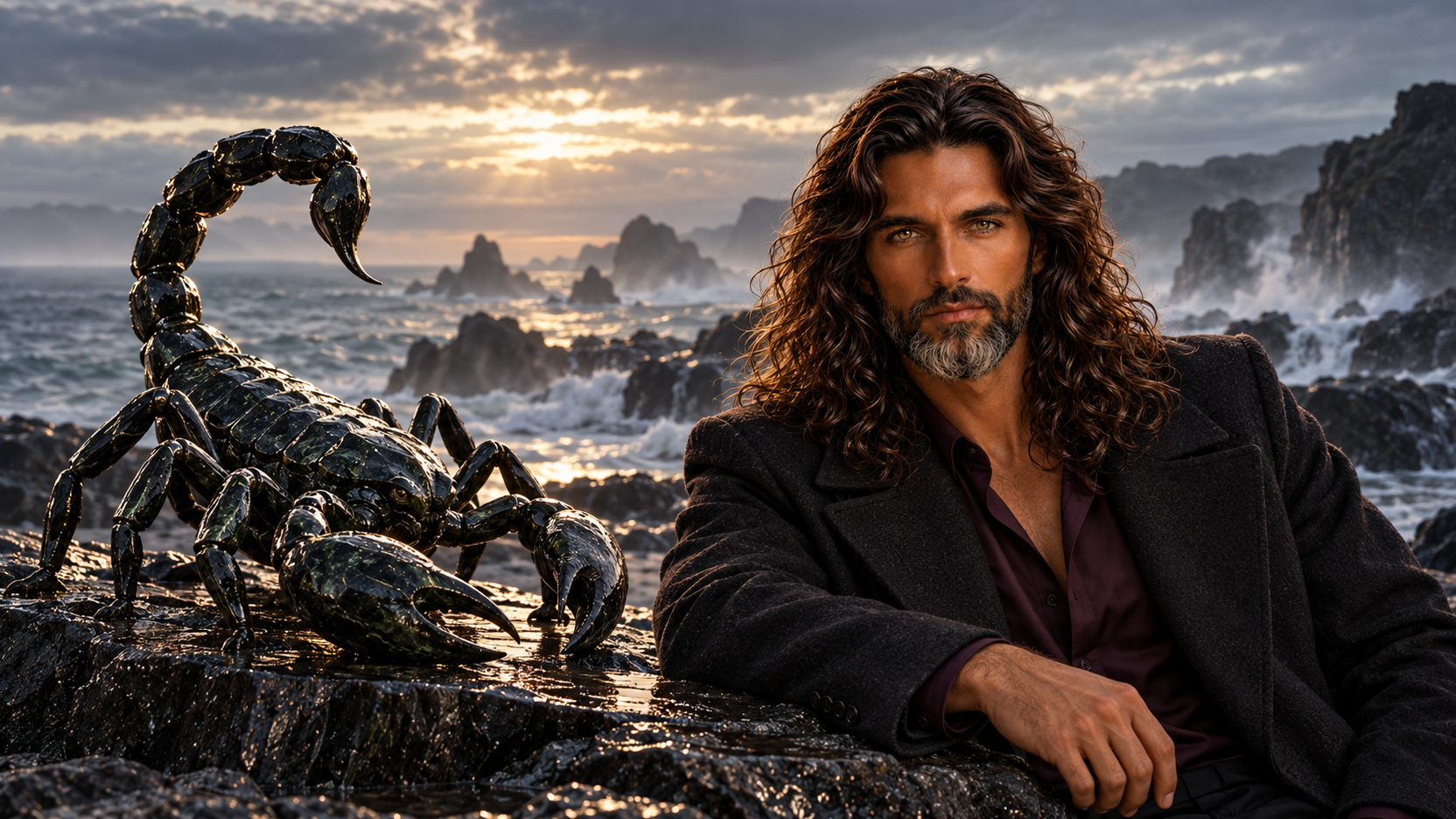 Jack in cappotto scuro e camicia color prugna, appoggiato a una roccia accanto a una grande scultura nera di scorpione; sullo sfondo, onde, scogli e un cielo nuvoloso illuminato dalla luce bassa del sole.