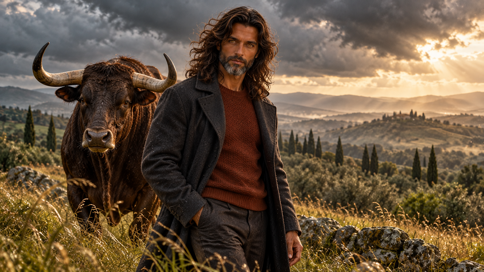 Jack in cappotto grigio scuro e maglia color ruggine, in piedi fra erbe e rocce; un grande toro bruno è alle sue spalle, sulle colline con cipressi sotto un cielo nuvoloso.